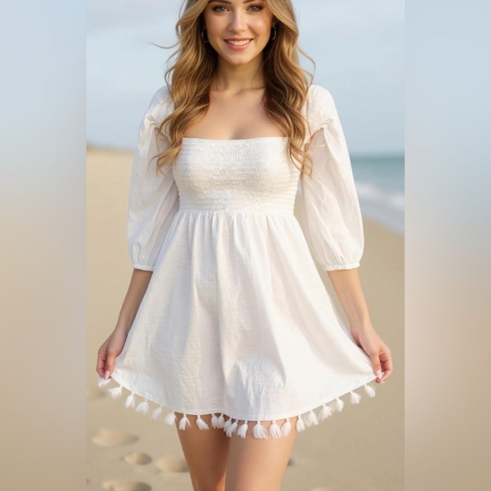 Lilly Pulitzer White Cotton Blend Smocked Summer Coverup Tunic Dress Size XXS